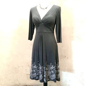 Gray Fit and Flare Dress Embroidered Hemline